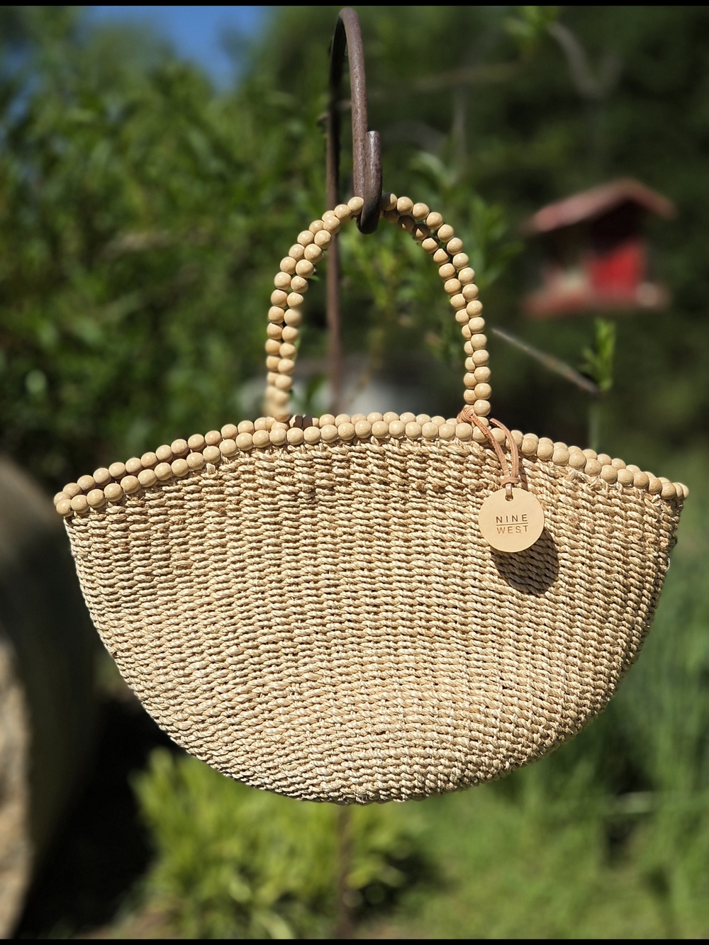 Nine West Straw Tan Tote Bag/Handbag with Wooden Beaded Straps Preppy